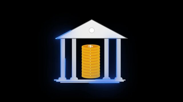 Bank building model next to stack of gold coins. Financial banking symbol for corporate investment monetary assets wealth. Digital bank animation for business income.