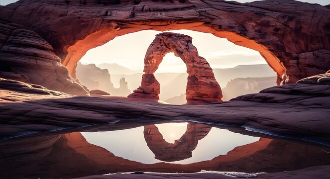A stunning natural rock arch formation with a reflection in a pool of water