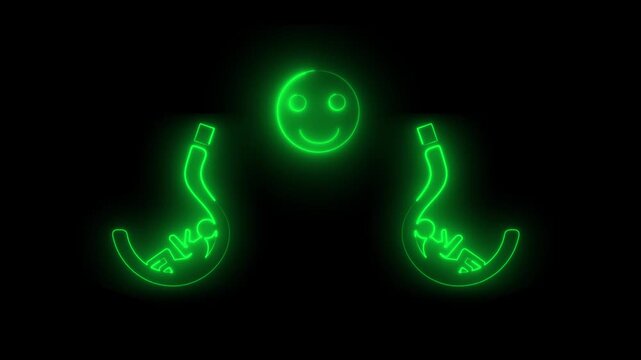 Green neon smiley face emoji with human profiles. Social networking emoji symbol for friendly community digital forum chat. Digital emoji animation for user interface.