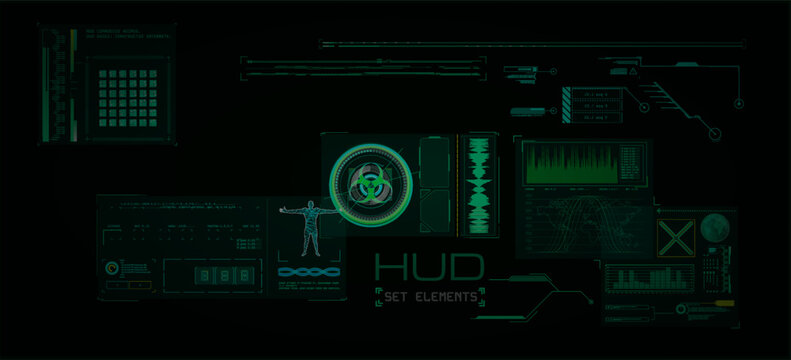 Futuristic HUD UI elements set for sci-fi interface design with biohazard symbol and data charts on black background