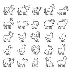 Fototapeta premium Cartoon farm animal outlines: cow, pig, sheep, horse, dog, cat, chickens, ducks, rabbit, alpacas.