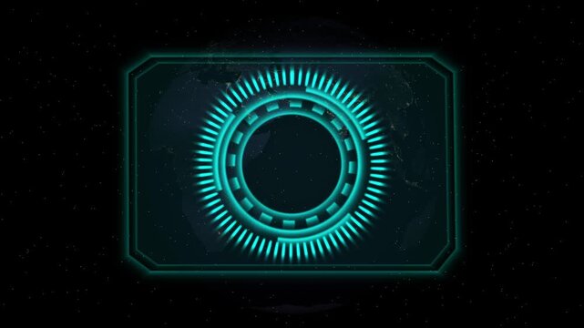 Cyan futuristic HUD interface panel with circular indicator. Technology dashboard symbol for spaceship navigation telemetry control. Digital HUD animation for sci-fi monitor.
