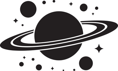 Stylized black silhouette of a ringed planet surrounded by stars and dots. silhouette vector illustration © Misho x Mamun