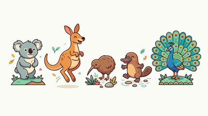 Fototapeta premium Cute cartoon animals including a koala, kangaroo, wombat, platypus, and peacock in a playful and colorful illustration