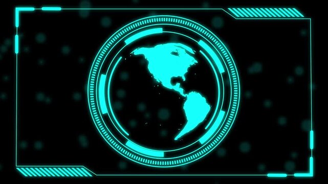 Futuristic earth globe interface panel with teal HUD grid. Global navigation panel symbol for worldwide satellite target monitoring. Digital globe animation for world map.