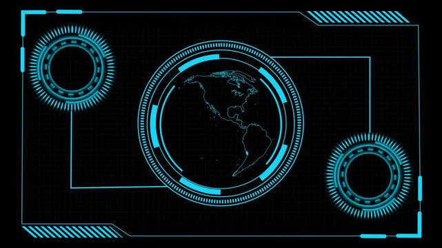 Cyan futuristic HUD interface panel with earth globe model. Global navigation panel symbol for international flight path tracking. Digital globe animation for world map.
