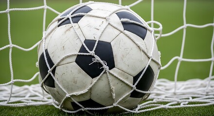 Naklejka premium Soccer ball in goal net, scoring a point