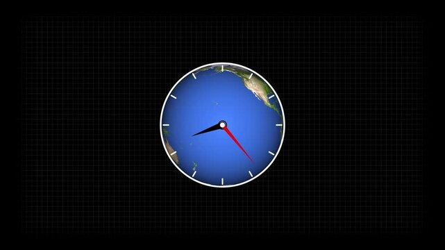 Earth clock face model with digital grid on black. Worldwide time symbol for international aviation travel schedule planning. Digital earth clock animation for time zone.