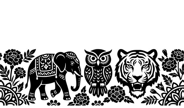 Bold black silhouette Bengali New Year festive banner vector with traditional festival owl elephant and tiger mask shapes