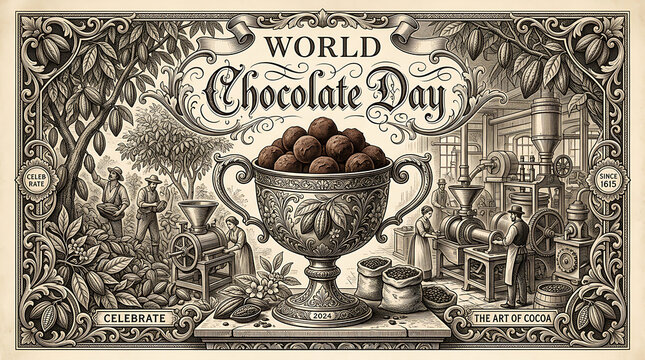 Vintage world chocolate day illustration with trophies and scenes of chocolate