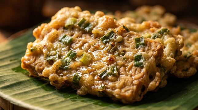 Extreme macro food photography of Indonesian Tempe Mendoan, deep-fried savory tempeh coated in a wet-style batter with green scallions, resting on a banana leaf.