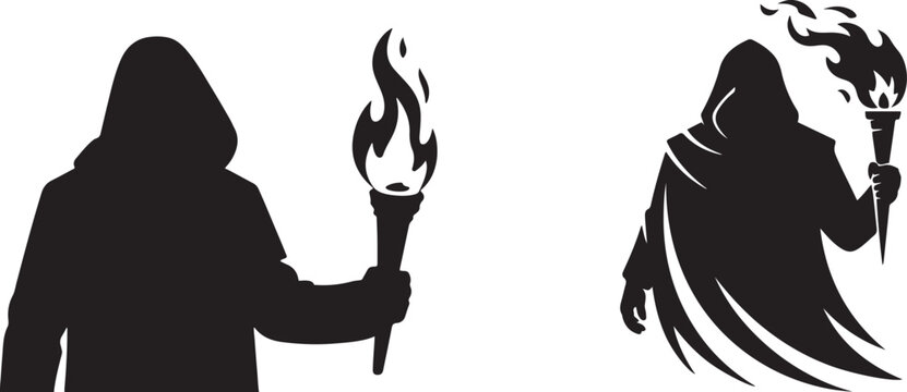Mysterious hooded figure holding a flaming torch. silhouette vector illustration