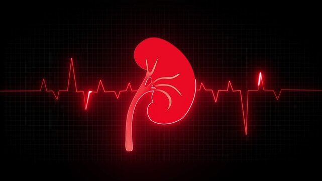 Red kidney icon graphic with neon heartbeat line on black. Human internal organ symbol for medical urology pathology disease study. Digital kidney icon animation for care.
