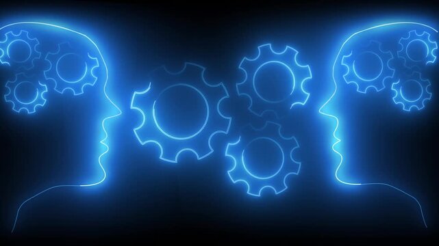 Two blue neon profiles of human heads with interlocking gears. Human resources symbol for corporate collaboration professional brainstorming. Digital head animation for team.