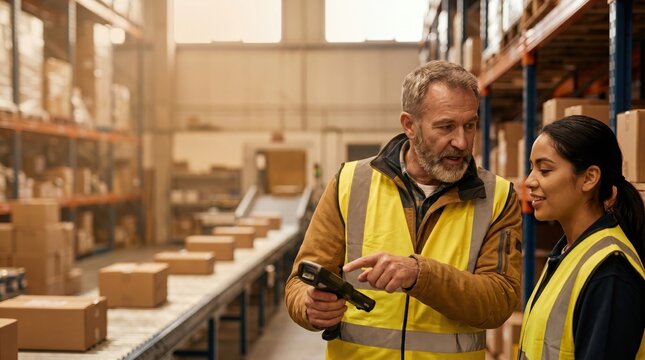 Experienced male warehouse worker instructing female colleague on using barcode scanner in distribution center.