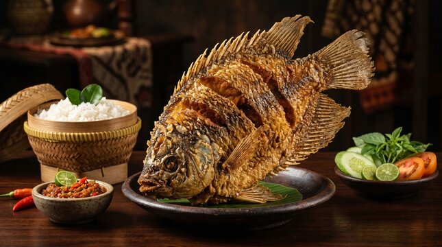 Premium macro food photography of crispy deep-fried Indonesian Gurame (Gourami fish) served with sambal and fresh vegetables on a rustic plate.