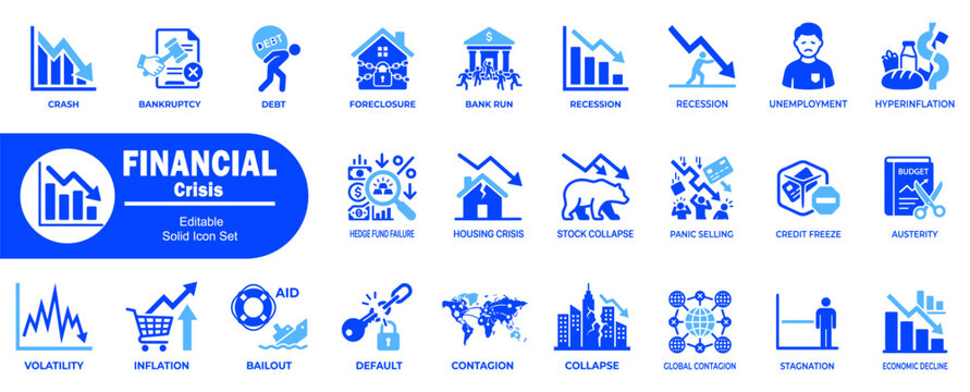 Financial crisis vector icon set. Crash bankruptcy debt, foreclosure, bank, run recession, unemployment, hyperinflation, hedge fund housing.
