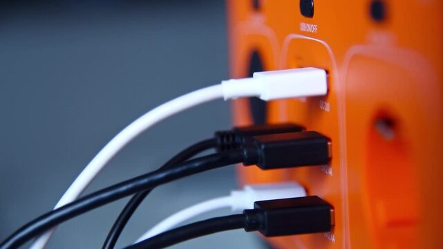 Close up hand unplugging cables from portable charging station with multiple connected wires, slow motion video of electricity and power management concept