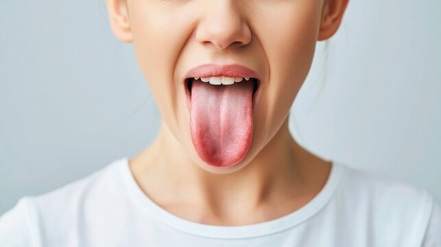 Human sticking out bare tongue for oral health check or medical examination close up in a clean setting