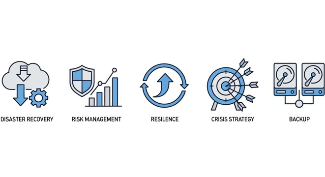 Business continuity icons for disaster recovery risk management resilience crisis strategy backup.