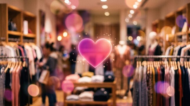 Glowing pink heart icon floating in blurred clothing retail store. Concept of e-commerce, online shopping, customer love, loyalty program, discounts, sales, and romantic holiday retail.