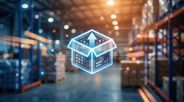 Glowing digital box icon floating in a warehouse. E-commerce concept with data visualization. Modern logistics and supply chain management technology for online global retail distribution.