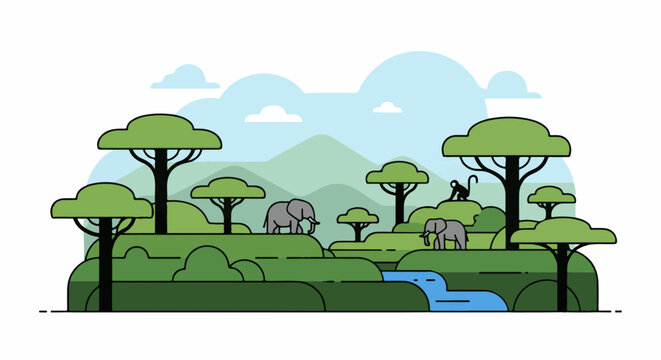 Gentle elephants and monkey inhabit a lush, green savanna with trees and hills