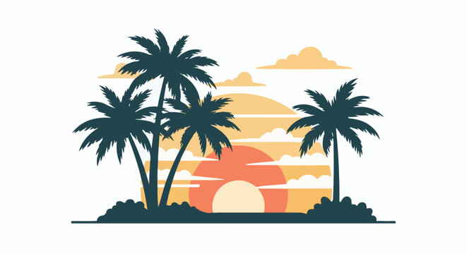Silhouette of palm trees against a vibrant sunset with clouds and a warm glow
