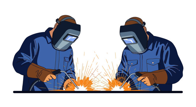 Two welders in protective gear working together, sparks flying, industrial scene