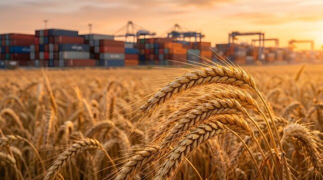 Golden wheat field in front of a busy shipping port at sunset