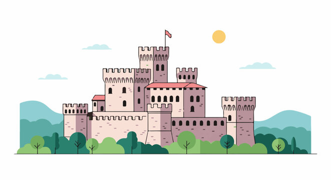 A stylized pink castle with crenellated towers and a red flag under a yellow sun