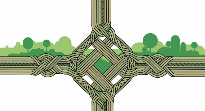 Abstract intertwined green strands form a complex knotwork over a stylized green landscape