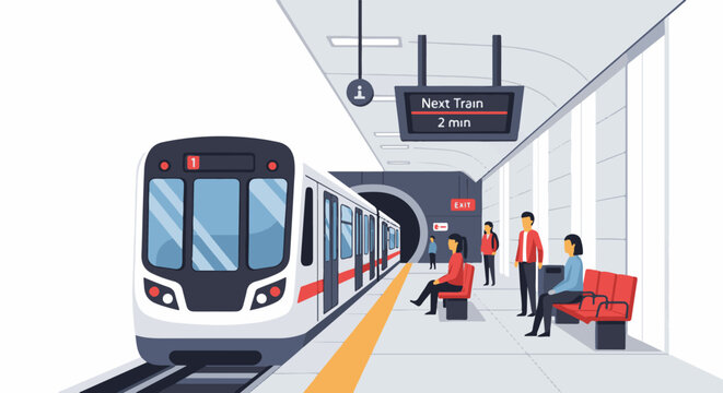 A modern train station platform with waiting passengers and a digital display