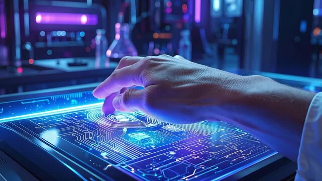 Futuristic Interface Interaction: A close-up shot captures a hand interacting with a glowing, holographic touchscreen interface.