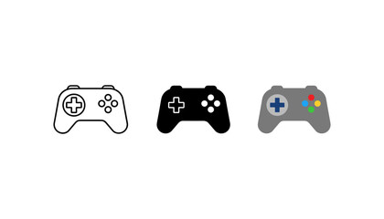 Three different colored game controllers on a white background © JubayedStock