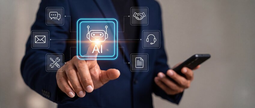 Businessman interacting with ai interface on smartphone futuristic technology concept with icons