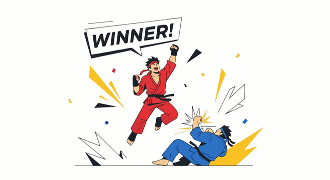 Animated fight scene shows a victor jumping with arms raised over a defeated opponent