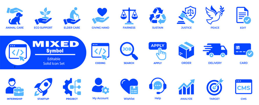 Set of blue symbol and service icons on transparent background editable solid icon set graphic design elements.