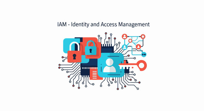 Digital circuit with locks, key, and user icon, representing access management