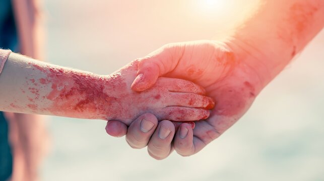 Parent's hand gently holding a child's arm showing red, inflamed skin, symbolizing care during dermatological struggle