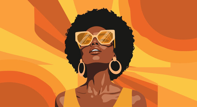Retro woman, afro hairstyle, yellow sunglasses, summer vibe, vector illustration