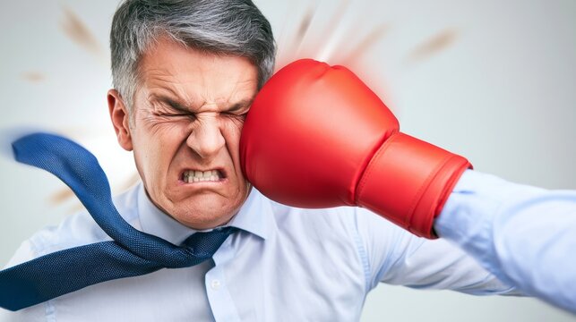 Businessman receiving a forceful boxing glove punch to his head, reacting with pain, highlighting concepts of setback and struggle