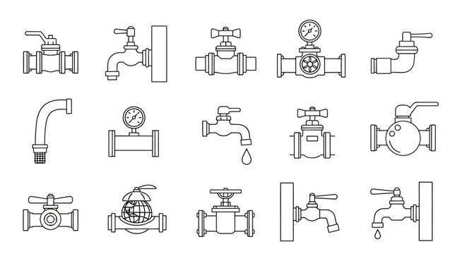 Plumbing icons, faucet symbols, water tap illustrations, 13 pipe valve graphics