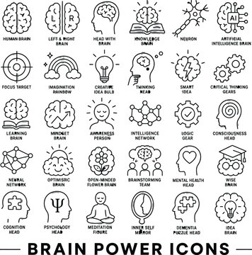 Black and white brain power set: neuroscience, psychology, intelligence, and cognition symbols