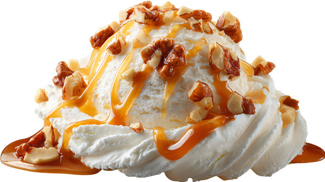 Gourmet Ice Cream Scoop with Caramel and Nuts, Isolated Background