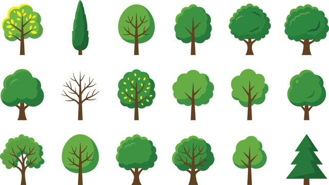 Flat style green trees vector collection featuring diverse plant shapes foliage types deciduous and evergreen species isolated on white background