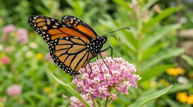 Monarch butterfly perches delicately on a cluster of pink milkweed blossoms while gathering nectar in a vibrant garden, demonstrating the beauty and grace of insects in their natural environment.