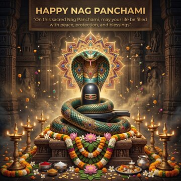 A intricately detailed depiction of a multi-headed cobra coiled around a Shiva Lingam within a grand temple setting for Nag Panchami festivities happy nag panchami