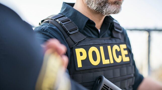Police officer detail wearing a security tactical vest, the word POLICE clearly visible. Concept of authority and protection