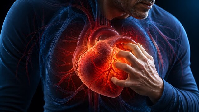 Angina Pectoris with Severe Chest Pain and Glowing Heart, Cardiovascular Disease Medical Concept